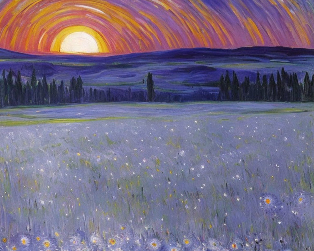 Colorful sunset painting with orange and purple sky over blue and white flower field