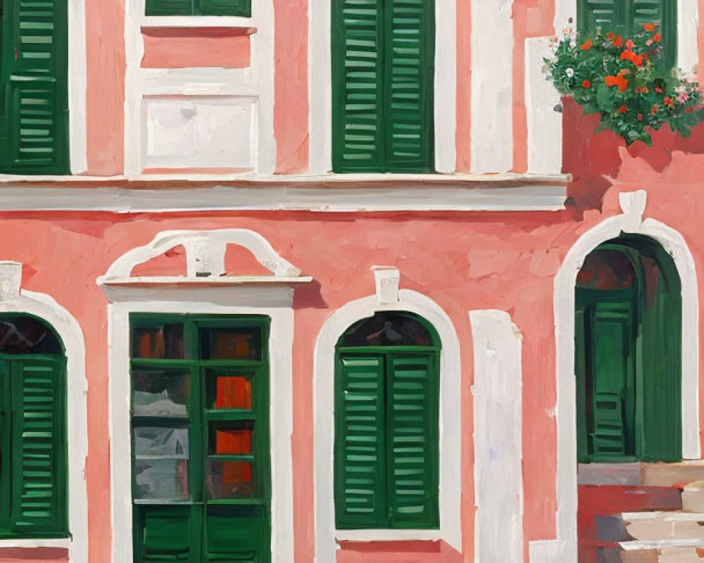 Pink Building with Green Shutters, Cobblestone Street, and Hanging Flowerpot