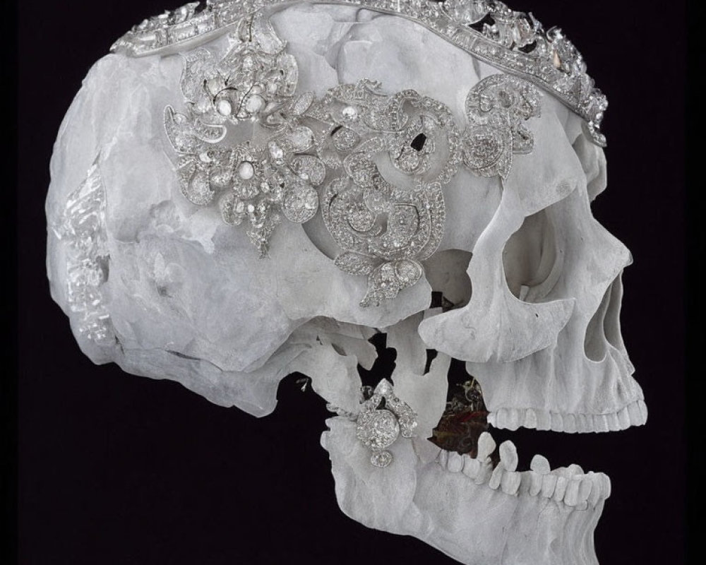 Intricately adorned human skull with floral metal jewelry on black background