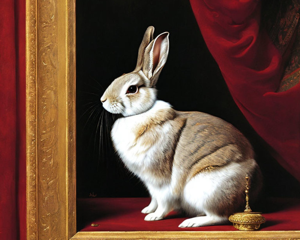 Realistic painting of rabbit as royalty with golden cup and red velvet curtain