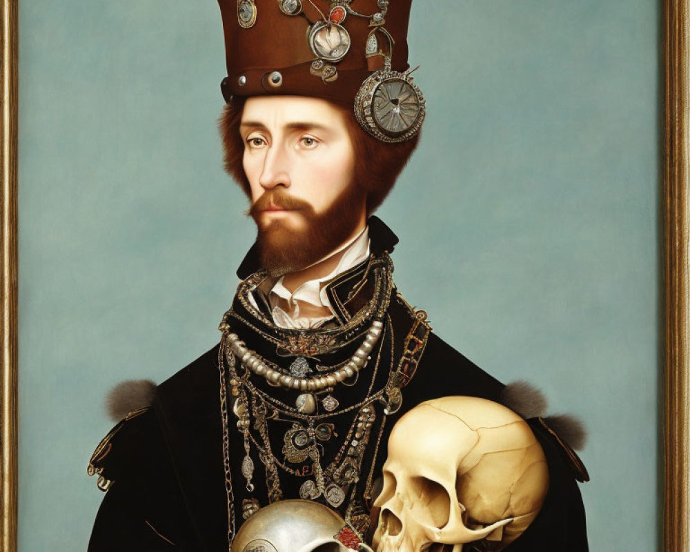 Man with Beard Wearing High-Crowned Hat and Holding Skull