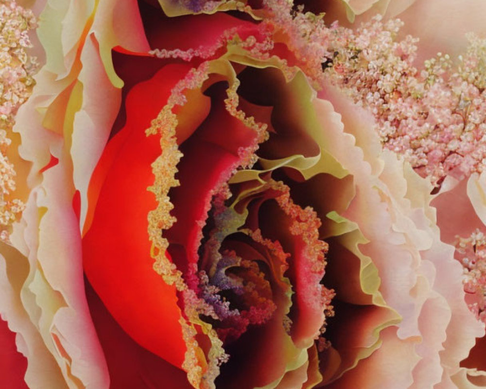 Detailed close-up painting of a rose with red to pink petals and soft lighting