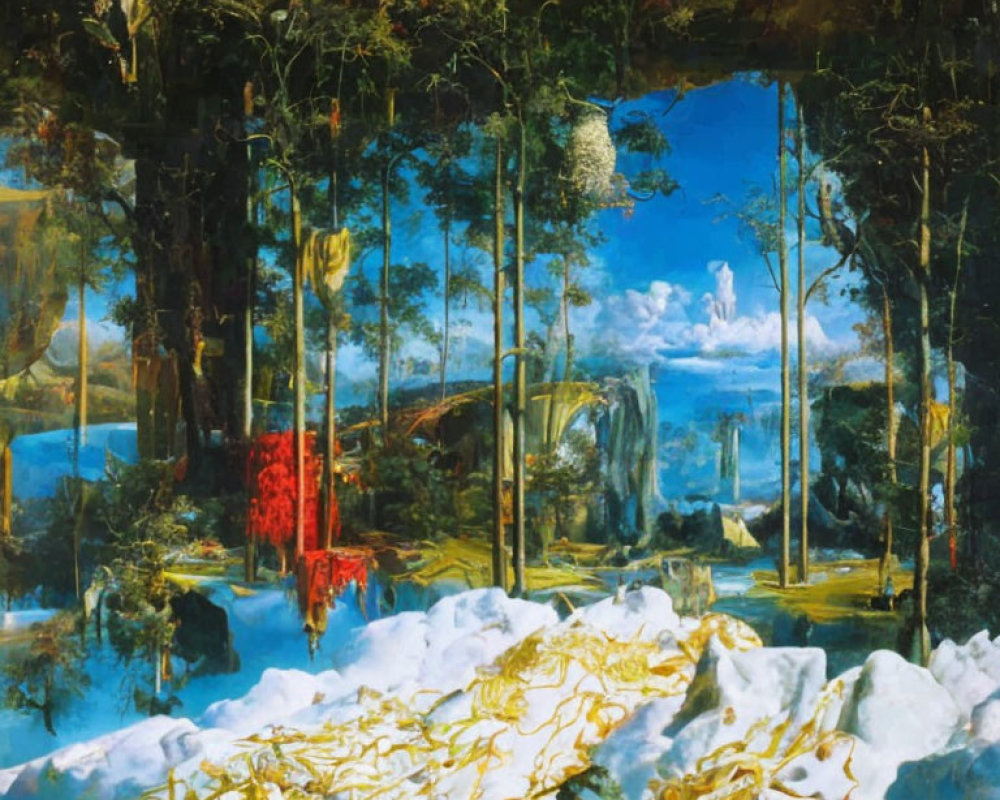 Surreal inverted perspective landscape with forest canopy floor and snowy ruins.