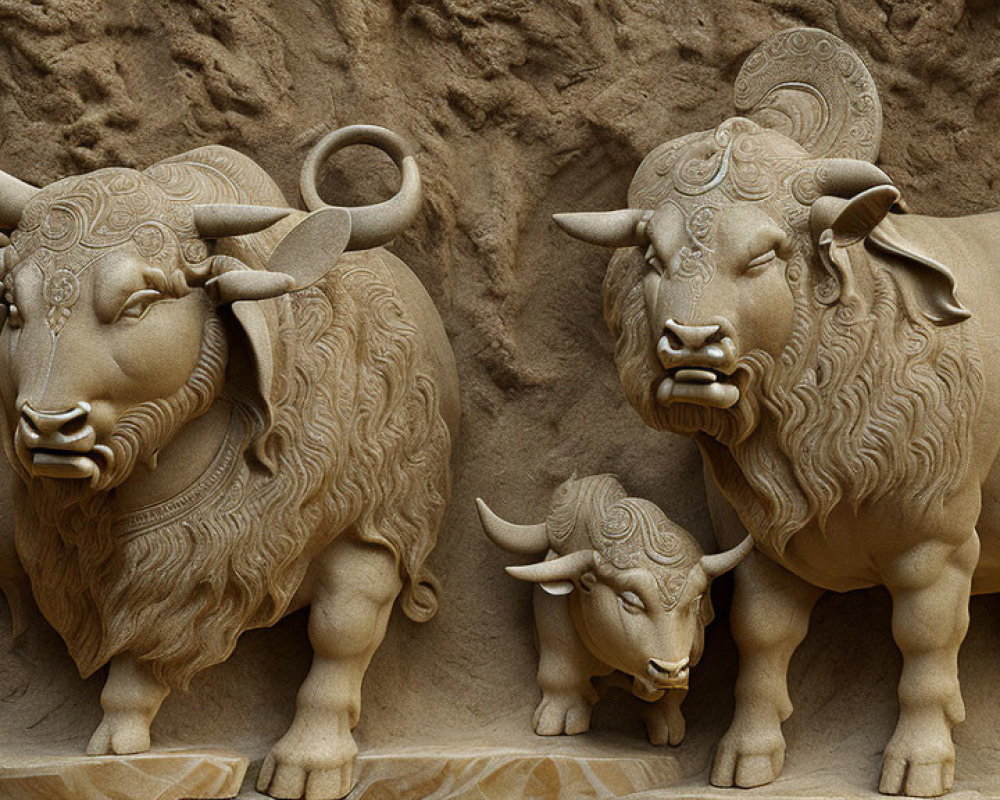 Detailed Sandstone Relief Carving of Three Bulls