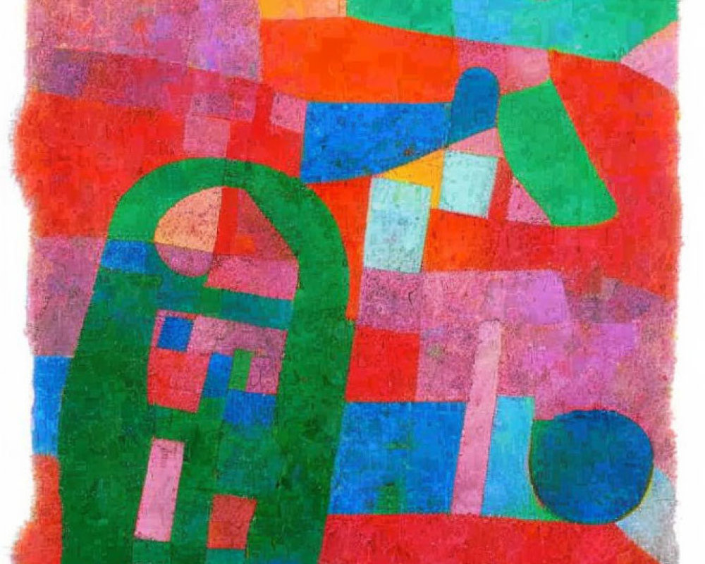 Colorful Abstract Painting with Geometric Shapes and Textures in Reds, Oranges, Greens, and