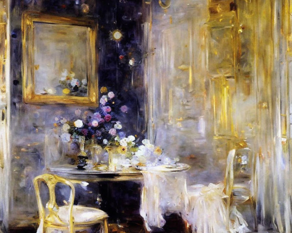 Impressionist painting of elegant room with tea set, flowers, gilded chairs