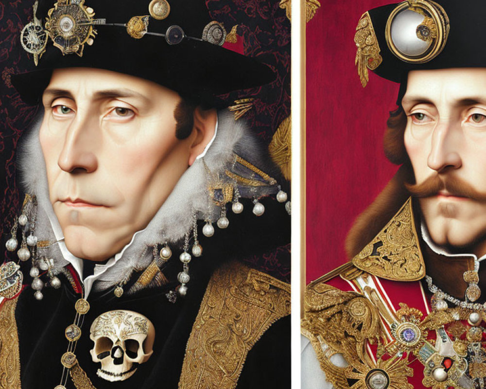 Detailed portraits of men in regal attire with intricate jewelry and decorations, one with a skull.