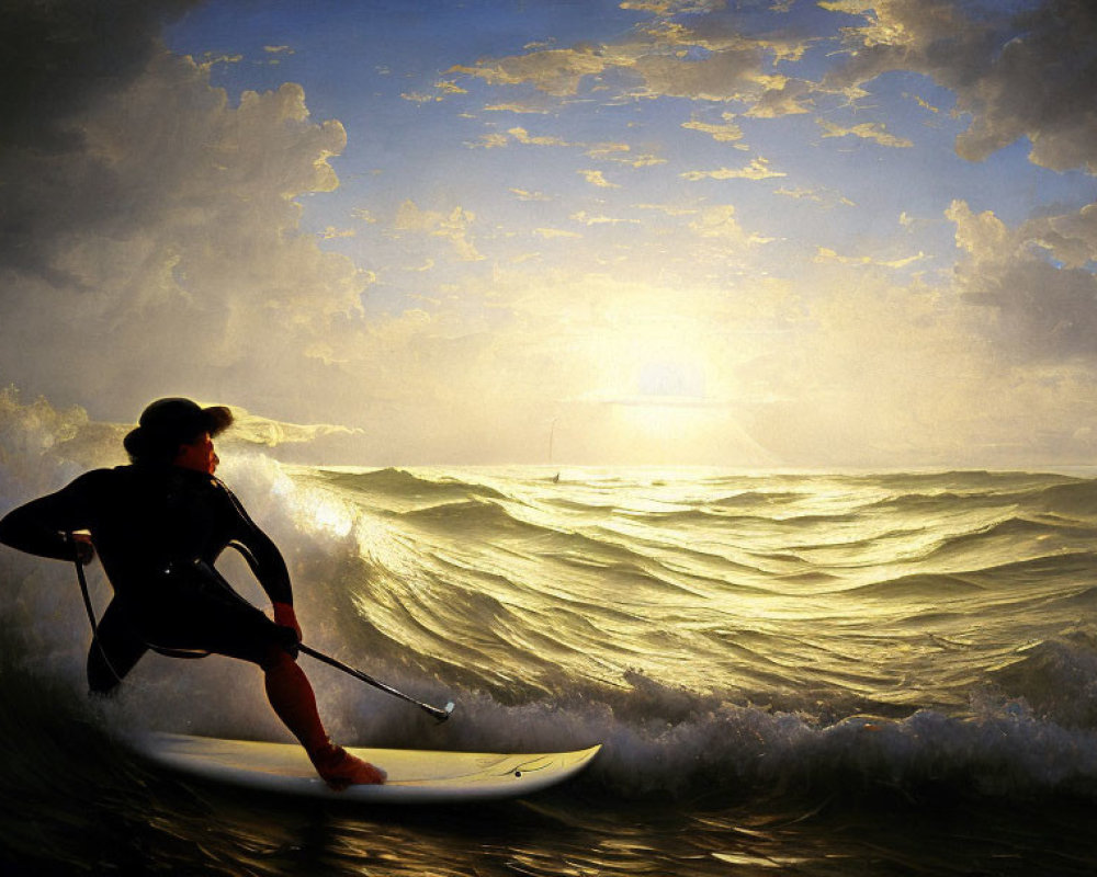 Surfer on Paddleboard Riding Wave at Sunset with Dramatic Clouds