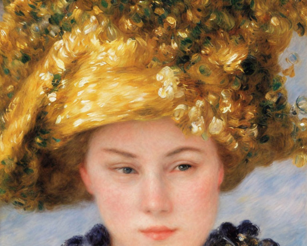 Detailed Impressionistic Painting of Woman with Golden Floral Hat