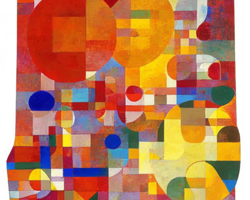 Vibrant abstract painting with geometric shapes and colorful mosaic