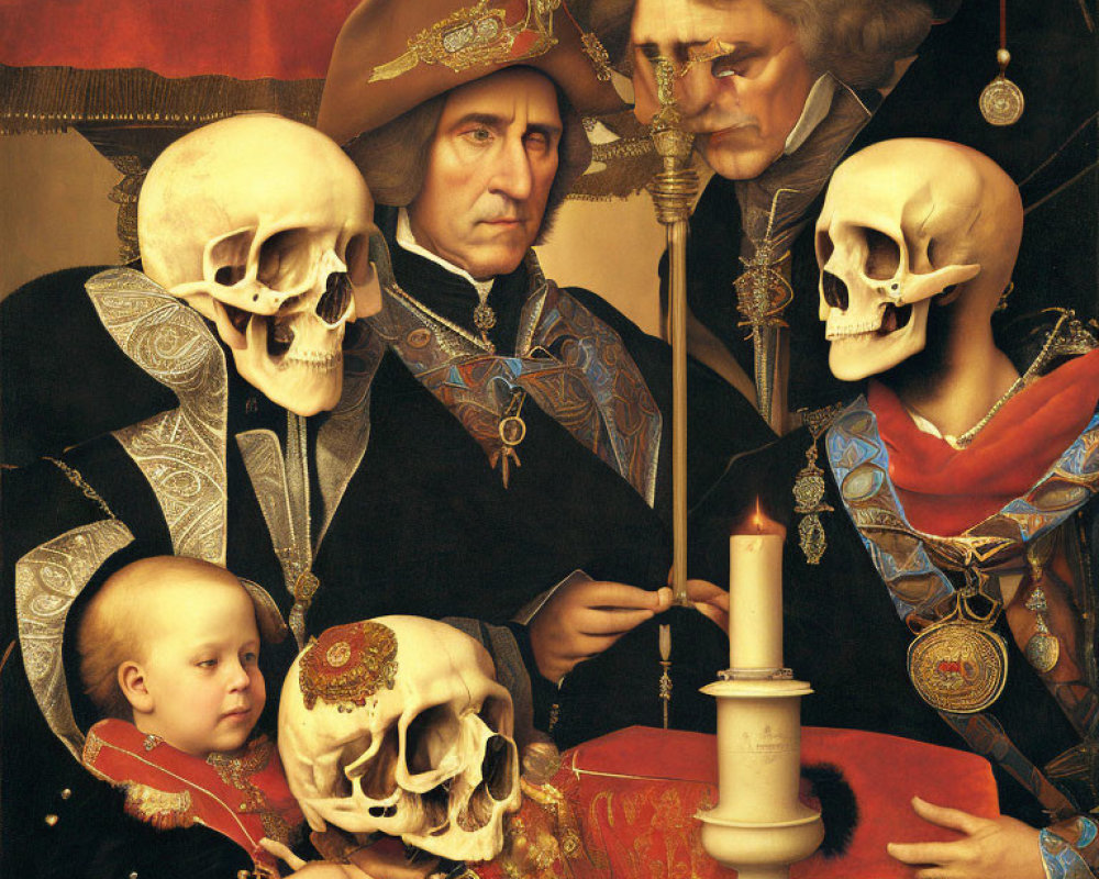 Four surreal figures with skull faces in Renaissance attire with a child.