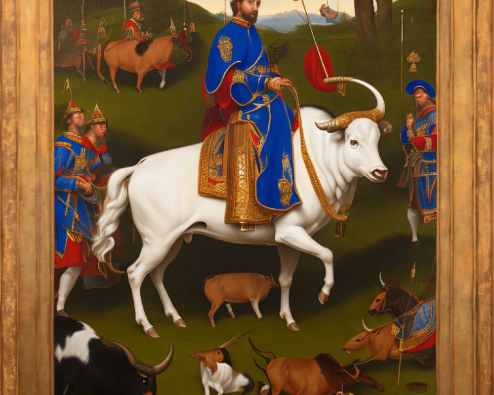 Renaissance painting: Regal figure on white bull with attendants in pastoral scene