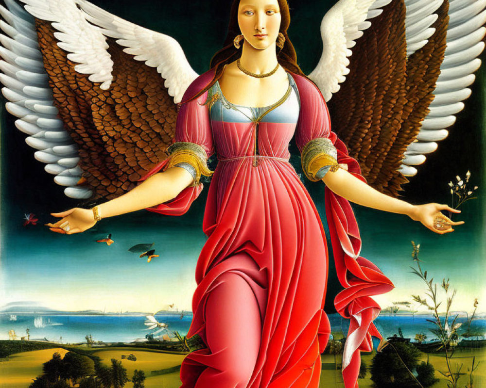 Angelic figure with wide wings in red dress with blue and gold details against landscape.