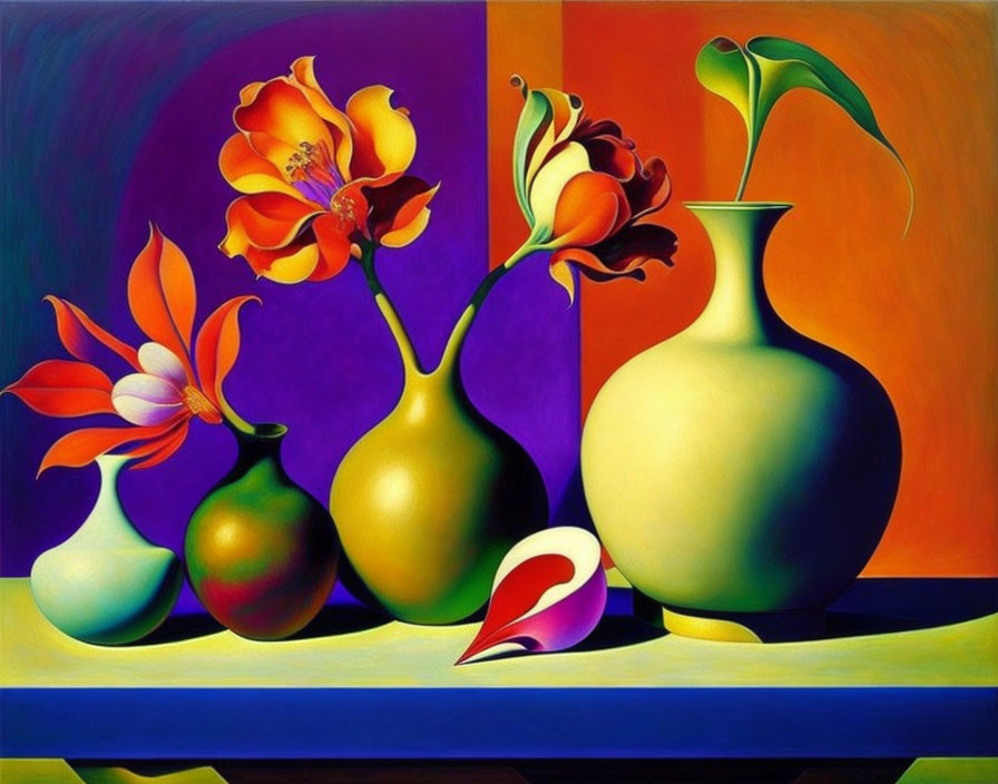 Colorful flowers in assorted vases with warm and cool tones, surreal shapes