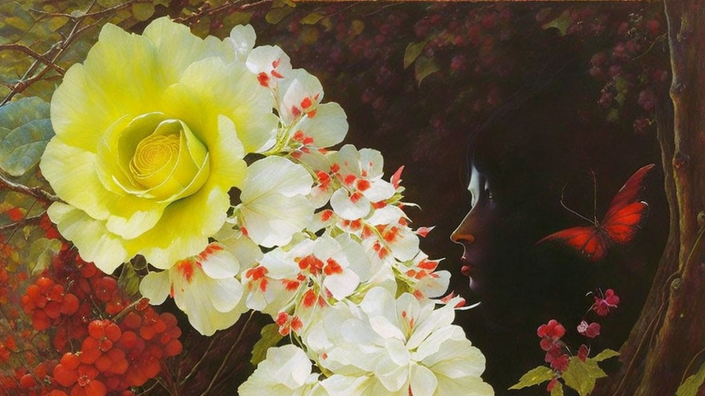 Colorful painting: yellow rose, white blossoms, red berries, person's profile, red butterfly