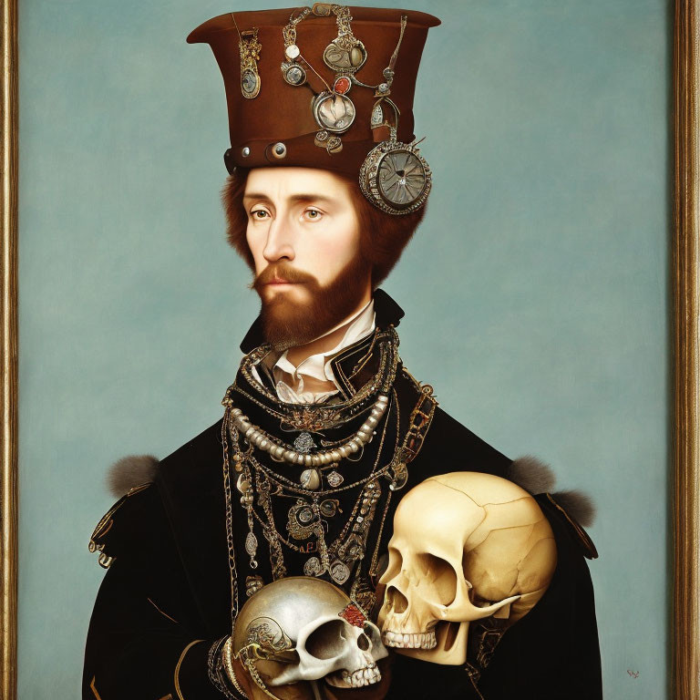 Man with Beard Wearing High-Crowned Hat and Holding Skull