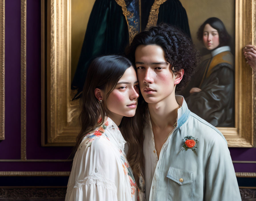 Young couple posing near classical paintings, man in floral jacket, woman in white blouse.