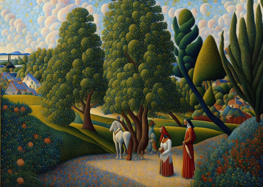 Colorful painting of a stylized landscape with rounded trees, people, and a horse.