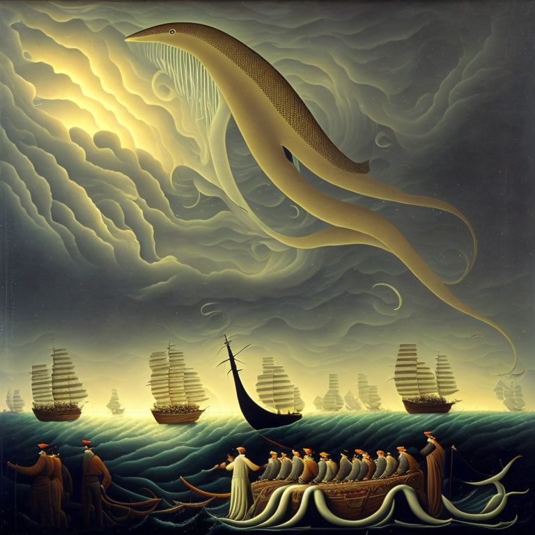 Surreal painting: Giant fish-like creature above sailing ships