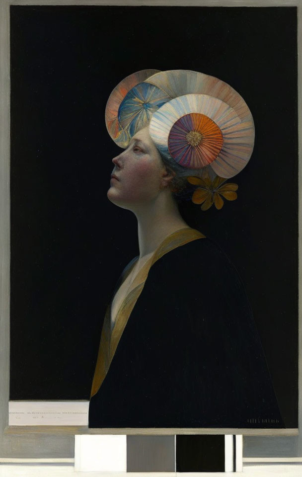 Side-profile painting of woman with colorful halo.