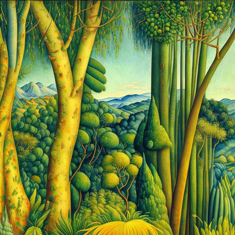 Detailed Stylized Painting of Lush Green Forest