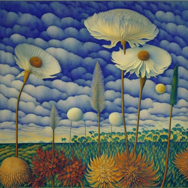 Detailed surreal landscape with oversized flowers and fluffy cloud-filled sky