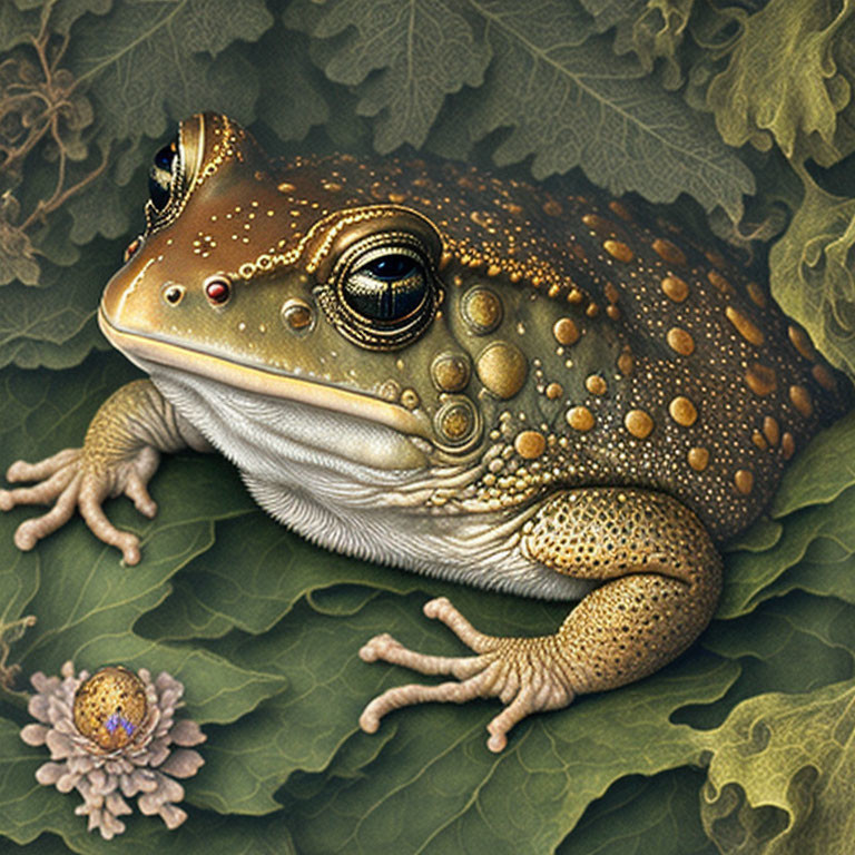 Detailed Toad Illustration Among Green Leaves with Flower