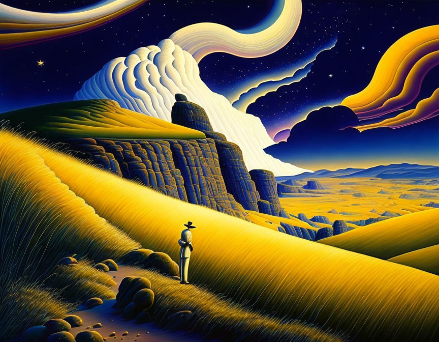 Person standing on surreal golden landscape under night sky with whimsical clouds and swirling stars