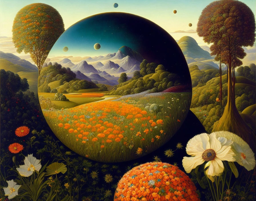 Colorful Landscape with Flowers, Trees, Mountains, and Multiple Moons