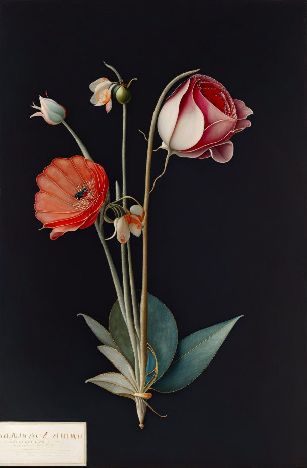 Botanical illustration featuring red poppy, tulip, and admiral butterfly on dark background