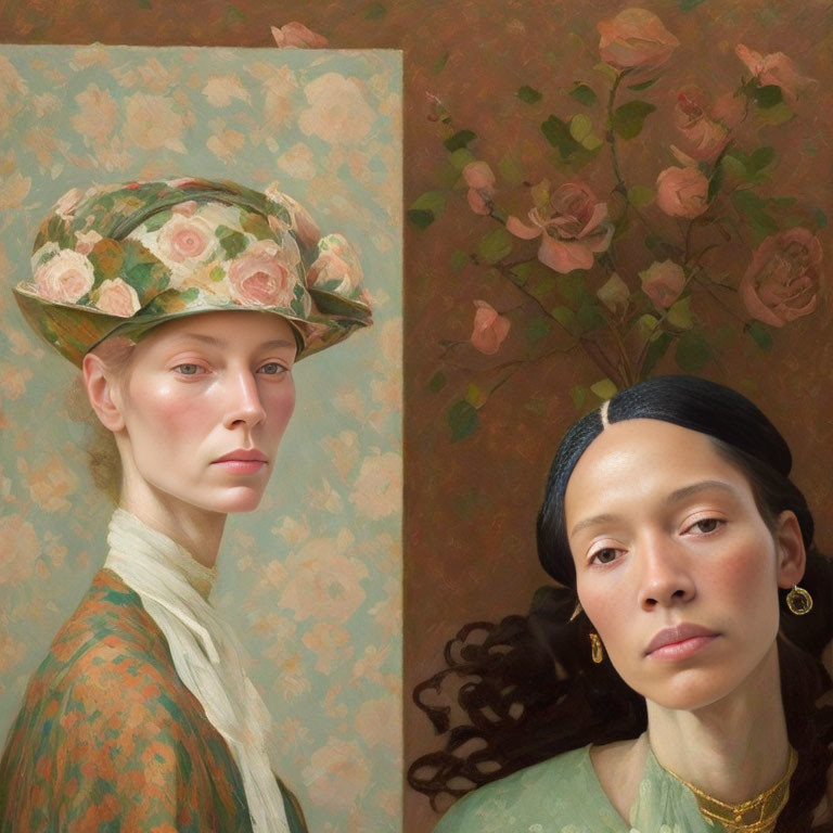 Composite Artwork: Classical Portrait & Modern Photo of Women in Floral Settings