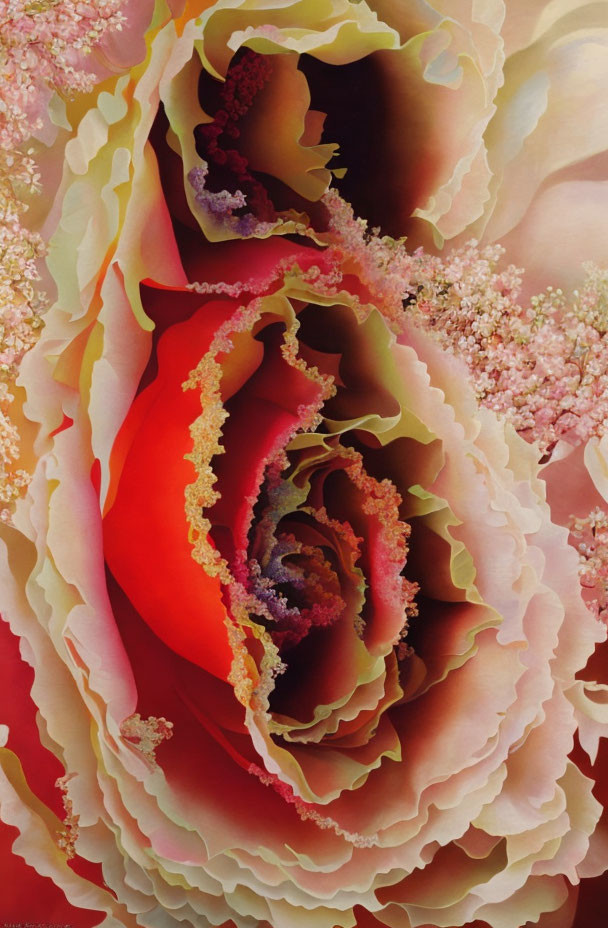 Detailed close-up painting of a rose with red to pink petals and soft lighting