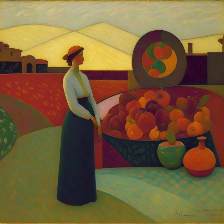 Distinctive Style: Woman by Table with Fruit Bowls Under Vast Sky