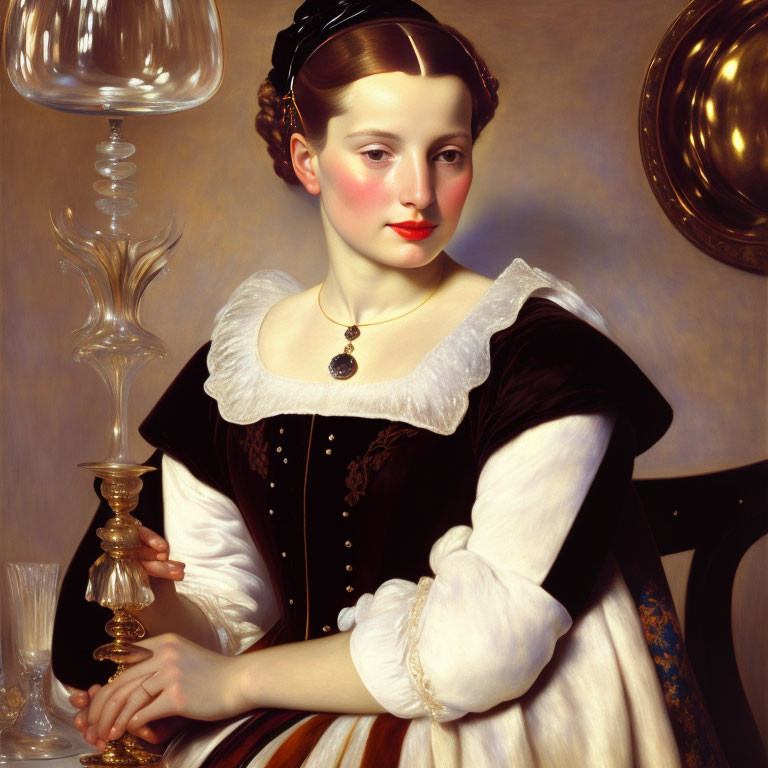 Portrait of woman in black dress with red lipstick and pearl necklace sitting by candlestick