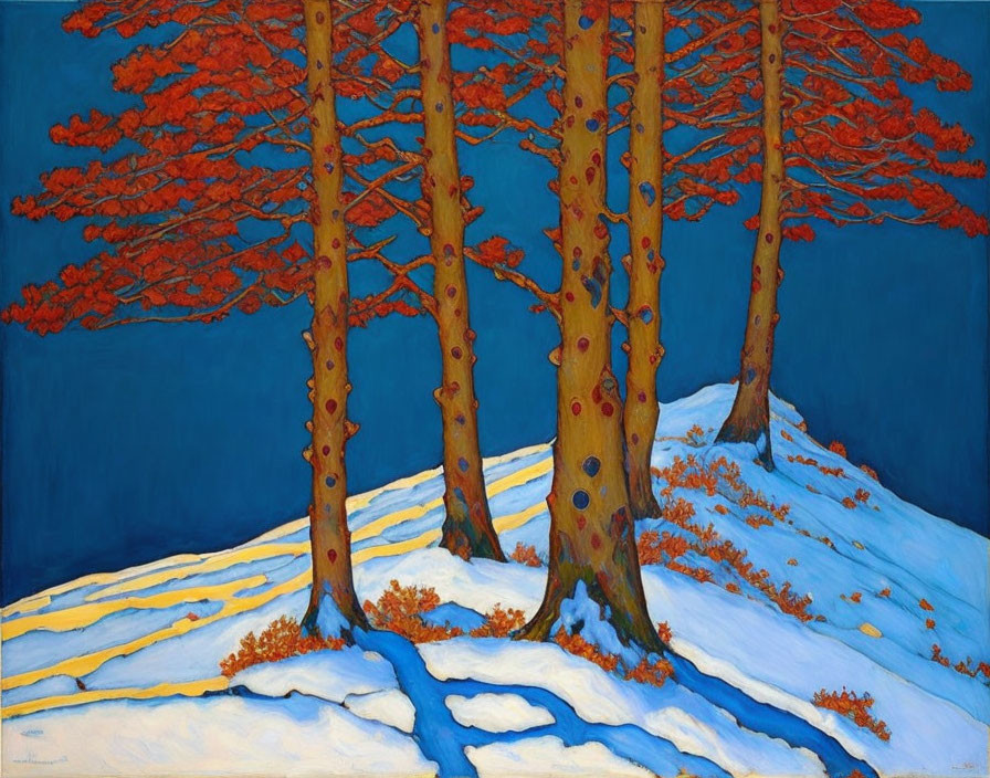 Colorful painting of orange-leaved trees in snowscape