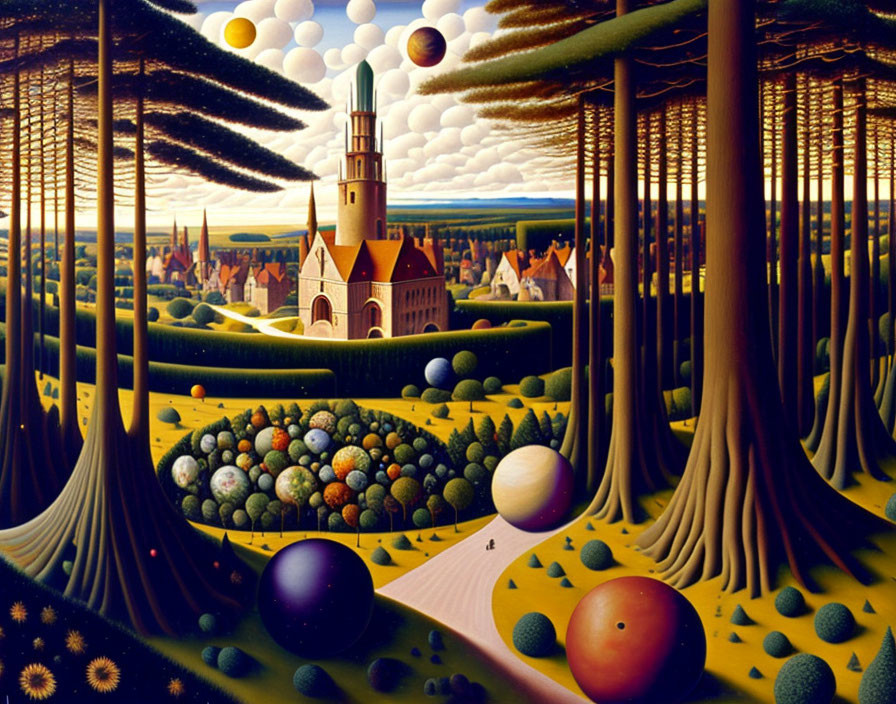 Surreal landscape with church, rolling hills, colorful spheres, oversized pine trees, and patterned