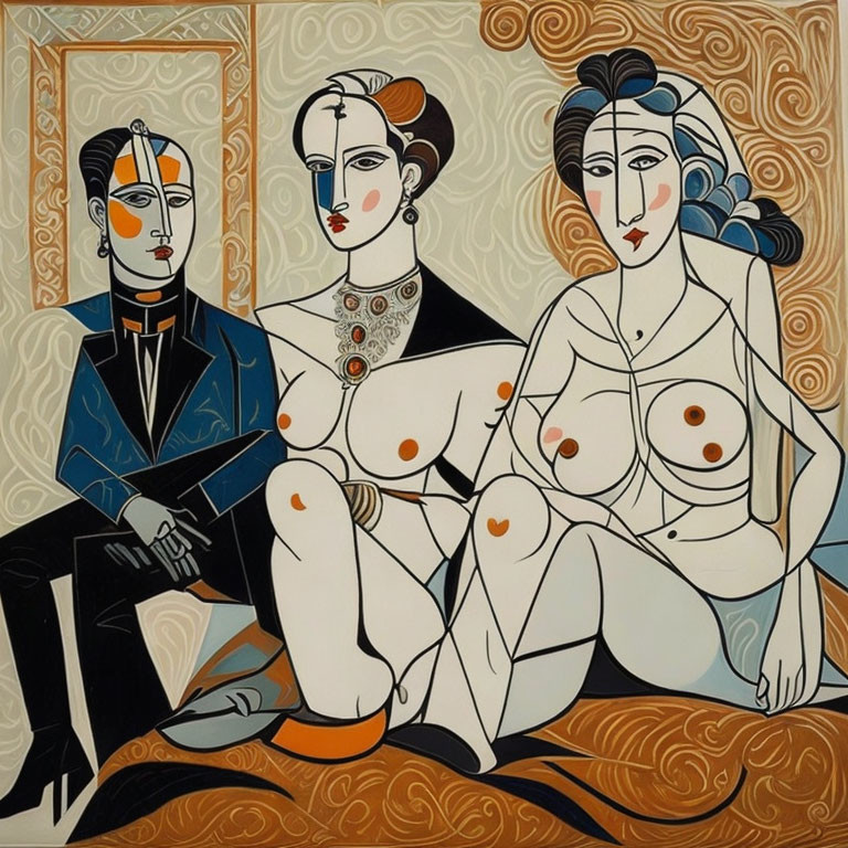 Abstract modernist art: Three stylized figures with elongated limbs against geometric patterns