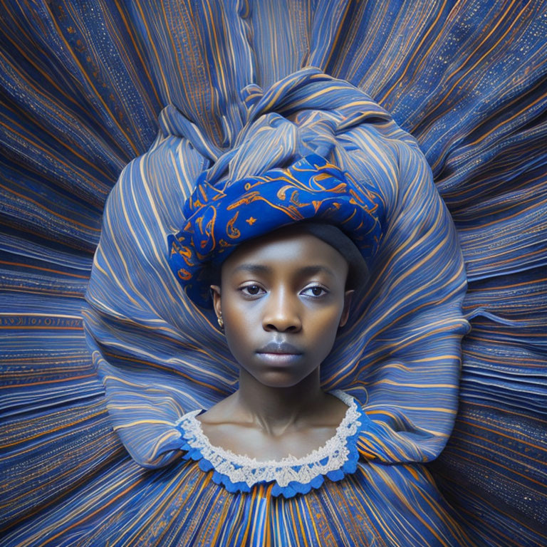 Portrait of a person in blue headwrap with golden patterns.