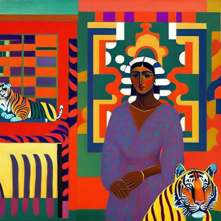 Colorful painting with woman, tigers, and vibrant patterns