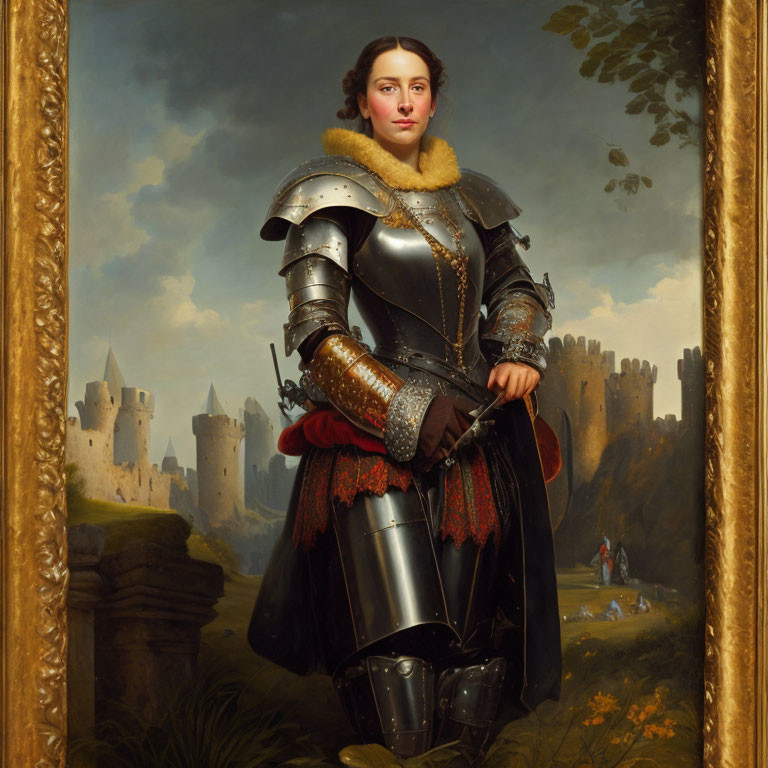 Portrait of a person in shining plate armor with fur collar, holding a helmet, against pastoral backdrop and