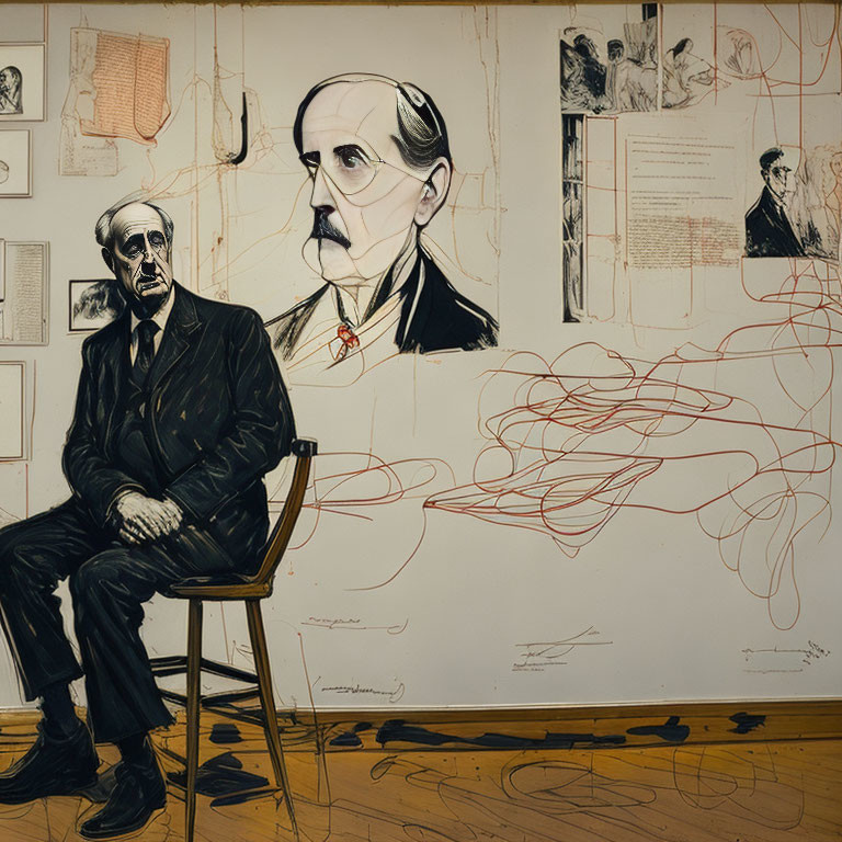 Man in suit seated in front of wall with sketches and large mustached man drawing.