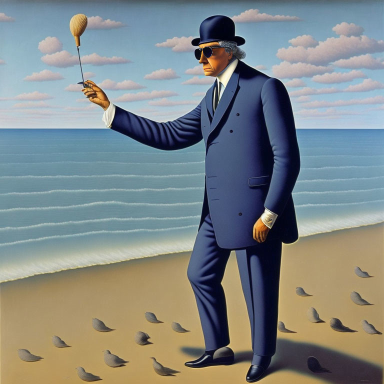 Man in blue suit with bowler hat and feather duster on surreal beach with oversized seashells