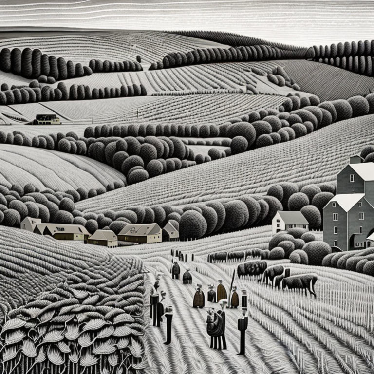 Stylized monochrome landscape with hills, village, figures, and moody sky