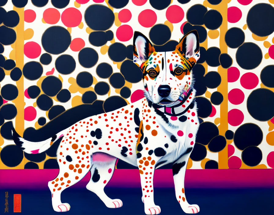 Colorful Dalmatian painting with pink patterned background and black/gold circles