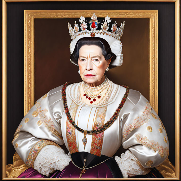 Portrait of stern woman in regal attire with crown, pearl necklace, and ruff.