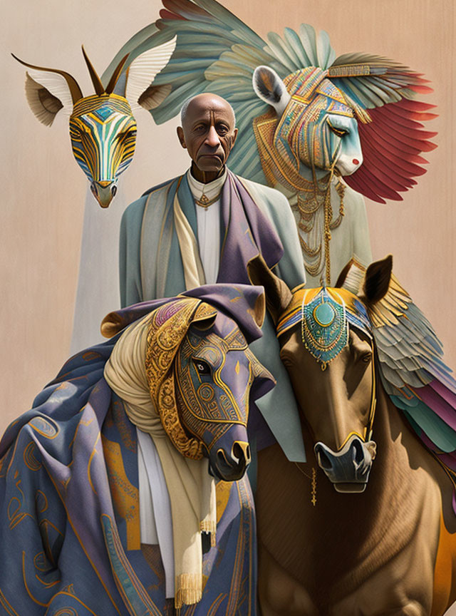 Elder Man in Traditional Attire with Ornately Decorated Horses and Gazelle