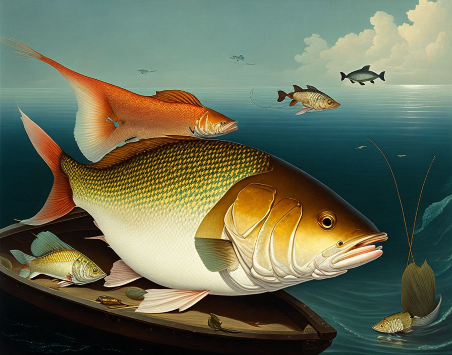 Surreal image: Oversized fish above small boat on water