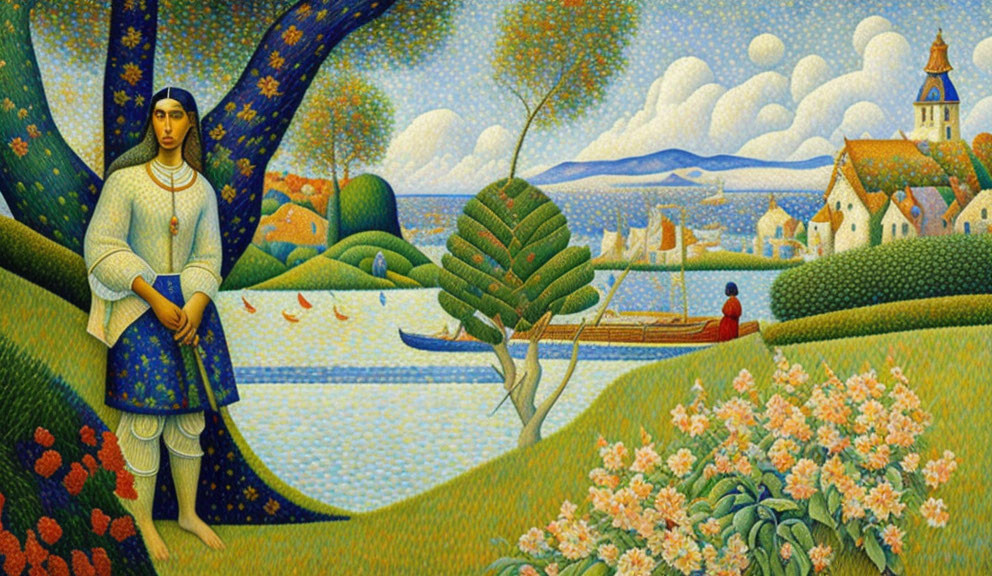 Woman in patterned dress by tree in landscape with water, boat, hills.