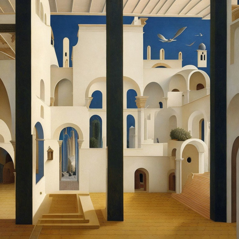 Surrealist painting of white Mediterranean building under blue sky