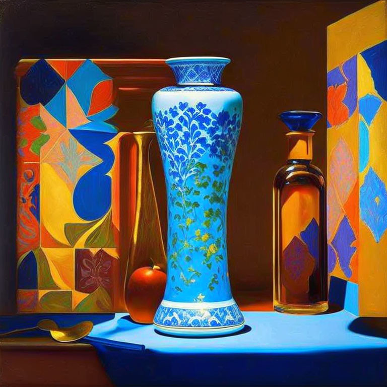 Blue floral vase, amber bottle, red apple, golden spoon on table with abstract backdrop